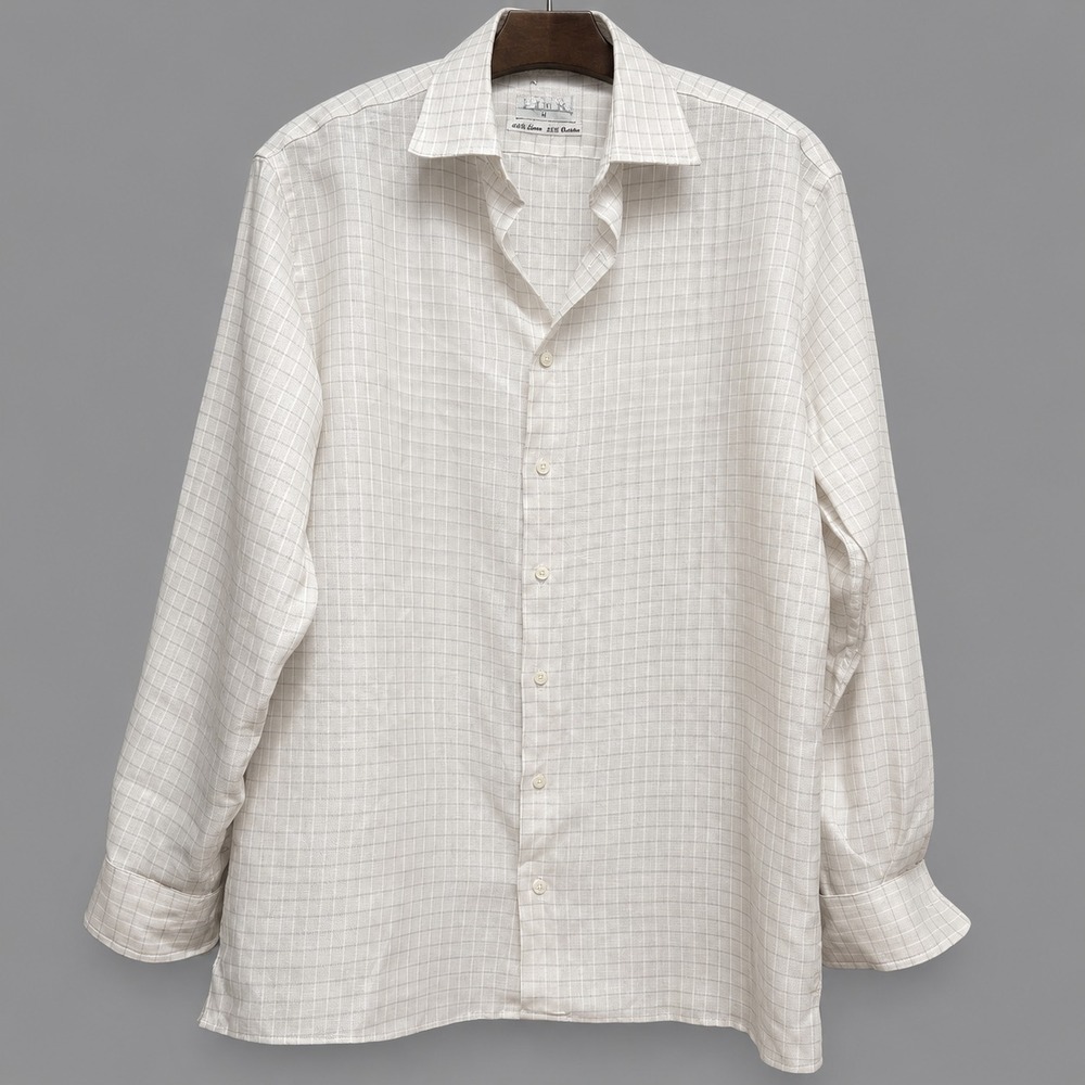Thomas Pink Shirt Size M Cotton Linen Beige Windowpane Check Classic Preppy